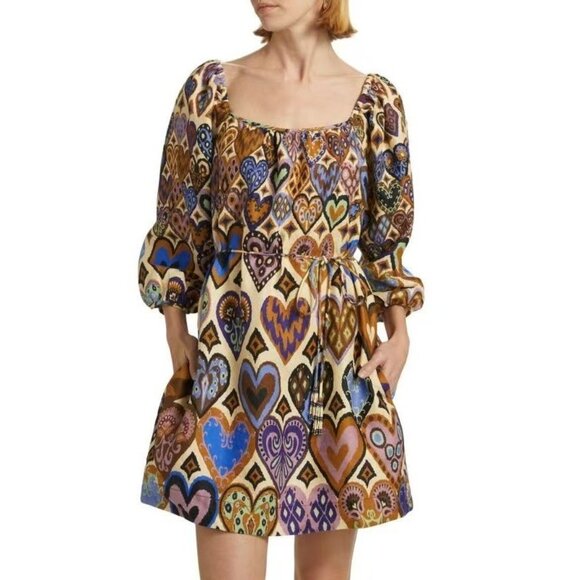 farm rio hearts ikat long-sleeve mini shirt dress FARM Rio Cream Hearts Ikat Long Sleeve Mini Dress, Hearts Ikat Cream / XXS